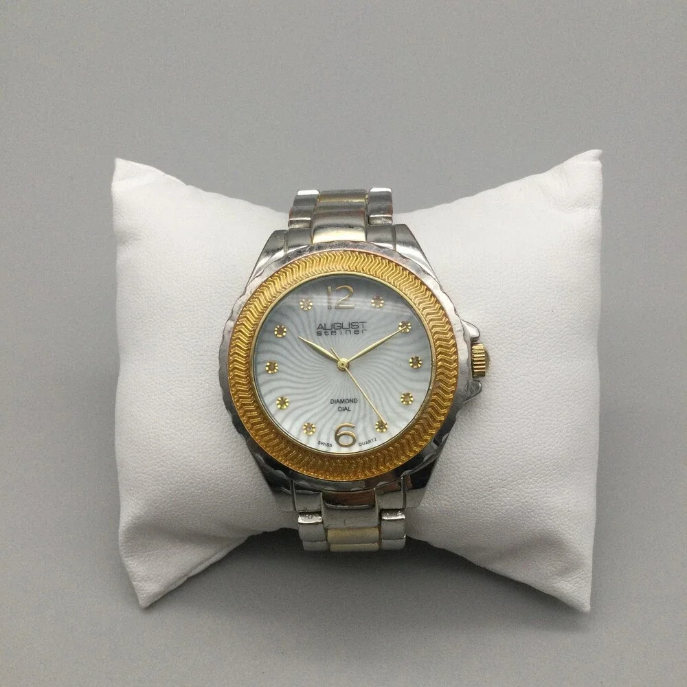 August Steiner Mens Watch 39mm White Diamond Dial Two Tone New Battery 6.5